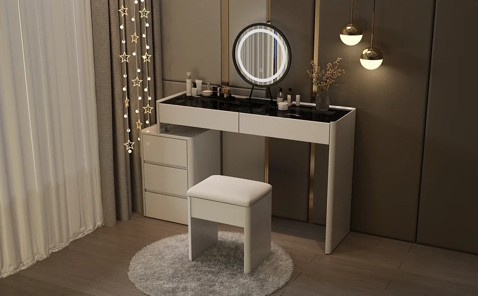 MAKEUP VANITY WITH GLASS TOP & DRAWER ORGANIZER