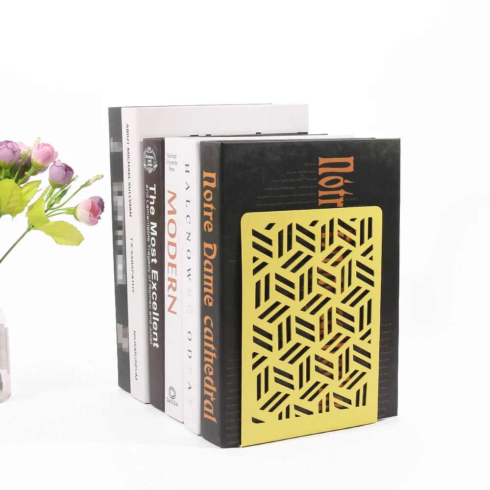 2 Pcs Streaks Hollow Book Ends Heavy Book Iron Stand Shelf for Shelves Duty Bookend Book rack Stand Iron Home Desk Stationery 3