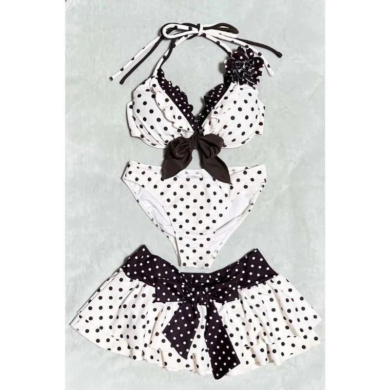 American INS Style New Cute Swimsuit Summer Fashion Sexy Halterneck Polka Dot Bow Tie Top Skirt Beach Y2k Three-piece Sets 2025