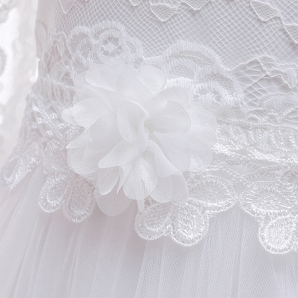 Wedding Dress For Girls Elegant White Bridesmaid Lace Flower Long Sleeve Tutu Evening Gowns Bow Girl Party Dresses 8 12 Years