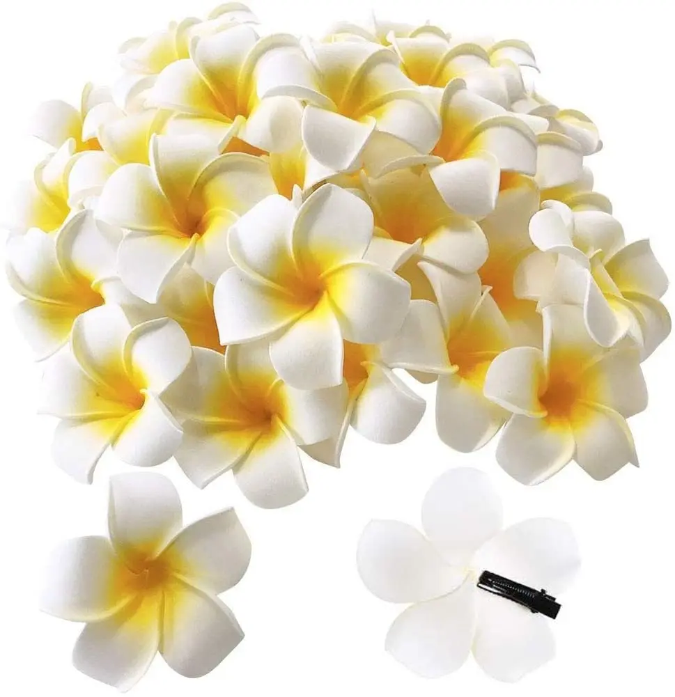 

50Pcs 2.4" White Foam Hawaiian Frangipani Artificial Plumeria Flower Hat Hair Clips for Home Party Beach Vacation Decoration