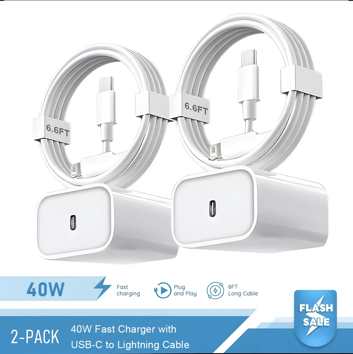 Juego de 2-4 Cargadores Rápidos de 40W para iPhone Pro Max X XS iPad, Cable de Datos USB Tipo C, Accesorios para Cargador de Teléfono
