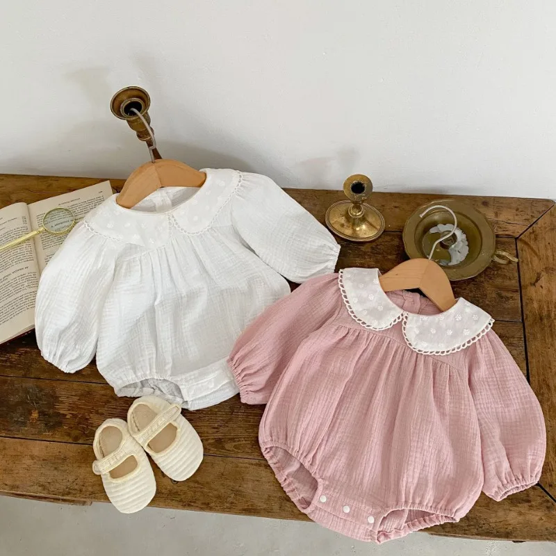 

2024 Spring New baby girls solid color brief bodysuits toddler kids cotton doll collar one piece