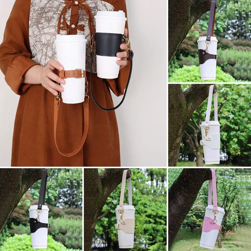 Creative PU Leather Cup Holder Lanyard Portable Heat-insulated Water Bottle Sling Hand-held Travel Milk Tea Cup Sleeve