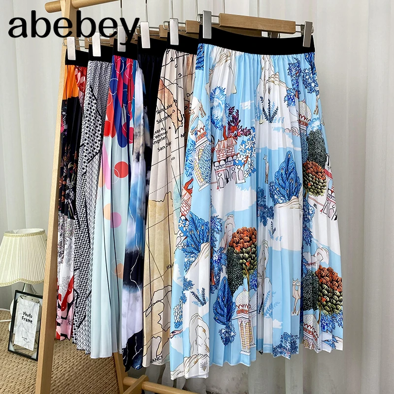 2022 New Pleated Skirt Women's Summer  Fashion Brand Printed Skirts Women's Skirt All-match Slim Expandable Holiday Skirts black skirt