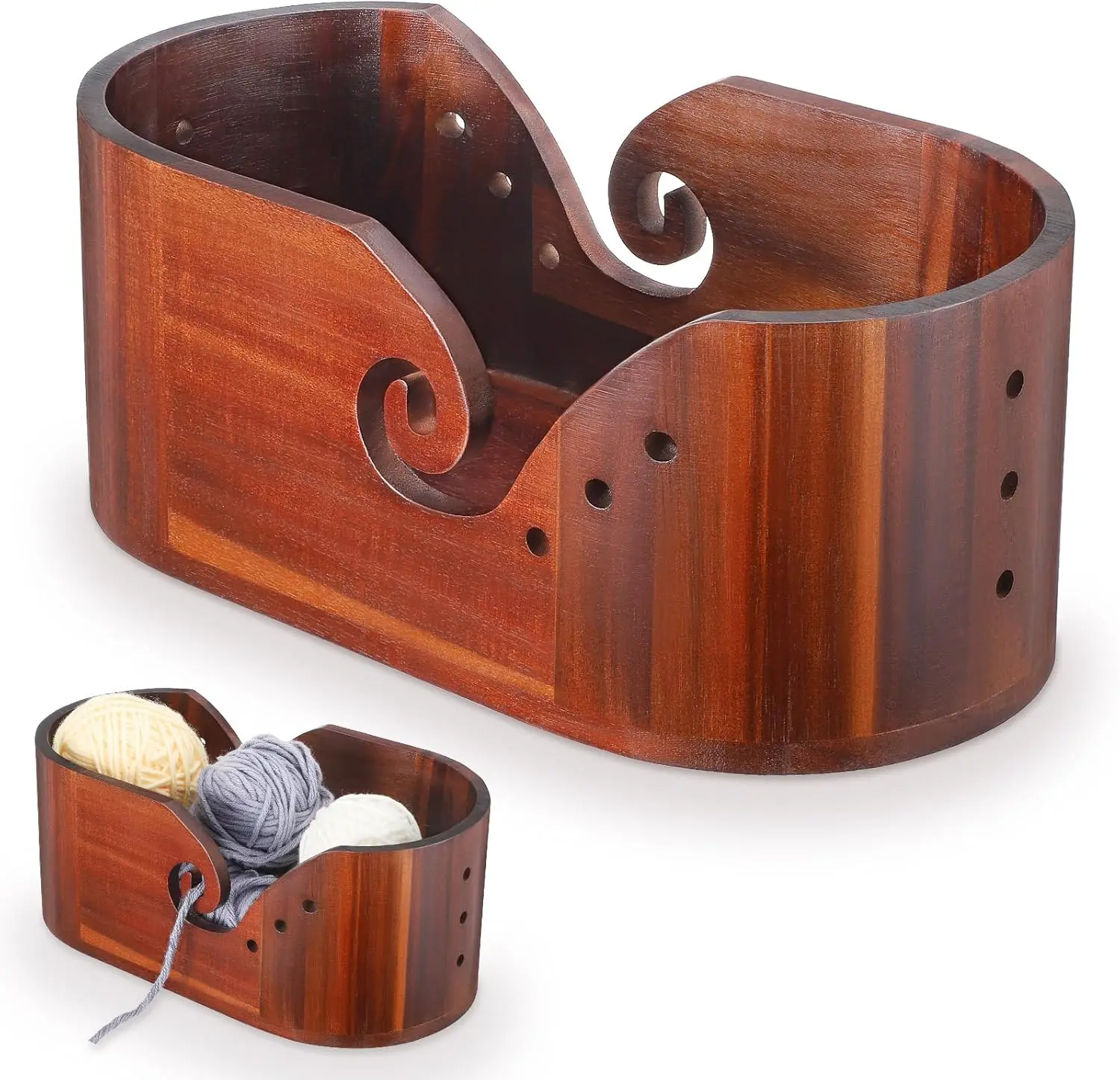 Wooden Yarn Bowl Large Size for Yarn Skeins Oval Wooden Bowl with Carved Holes Crochet Hook Rests Portable Knitting Accessories