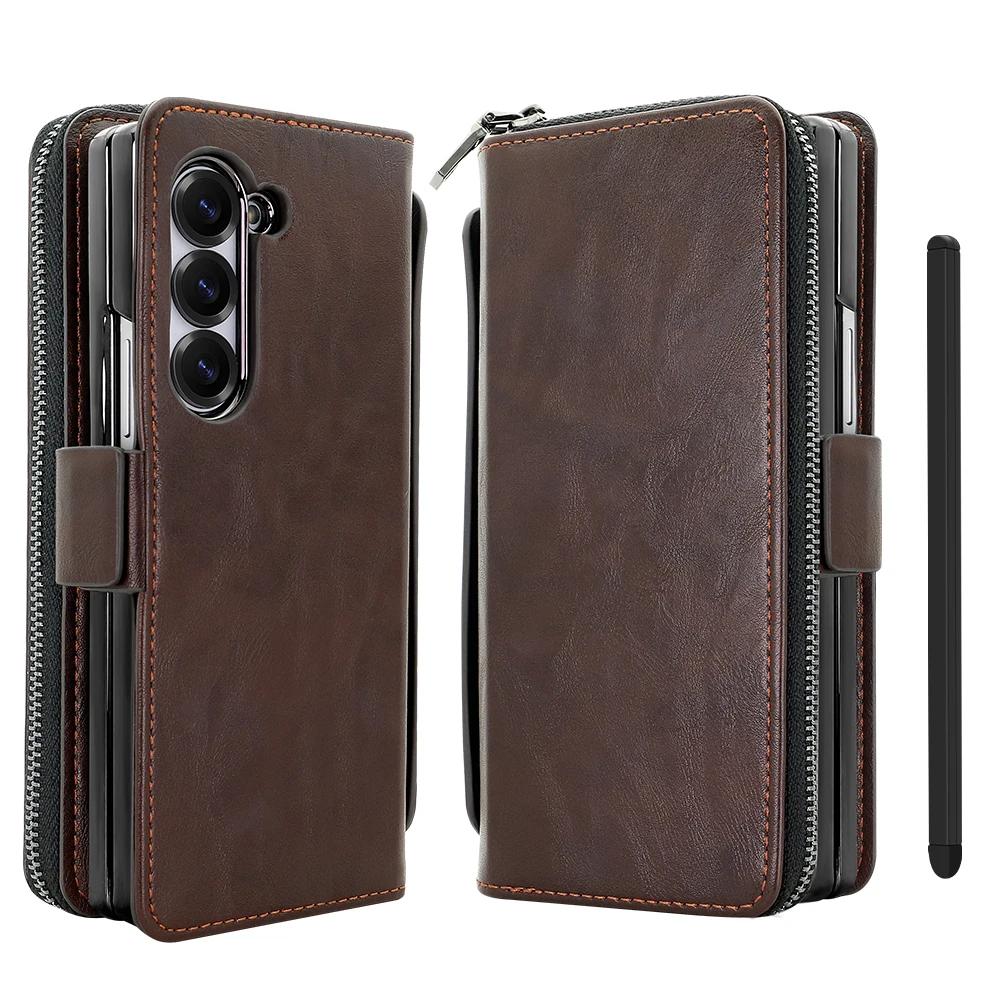 Faux Leather Flip RFID Wallet Phone Case with Hand Grip, Credit Card Slots, Magnetic Clasp, and Stylus