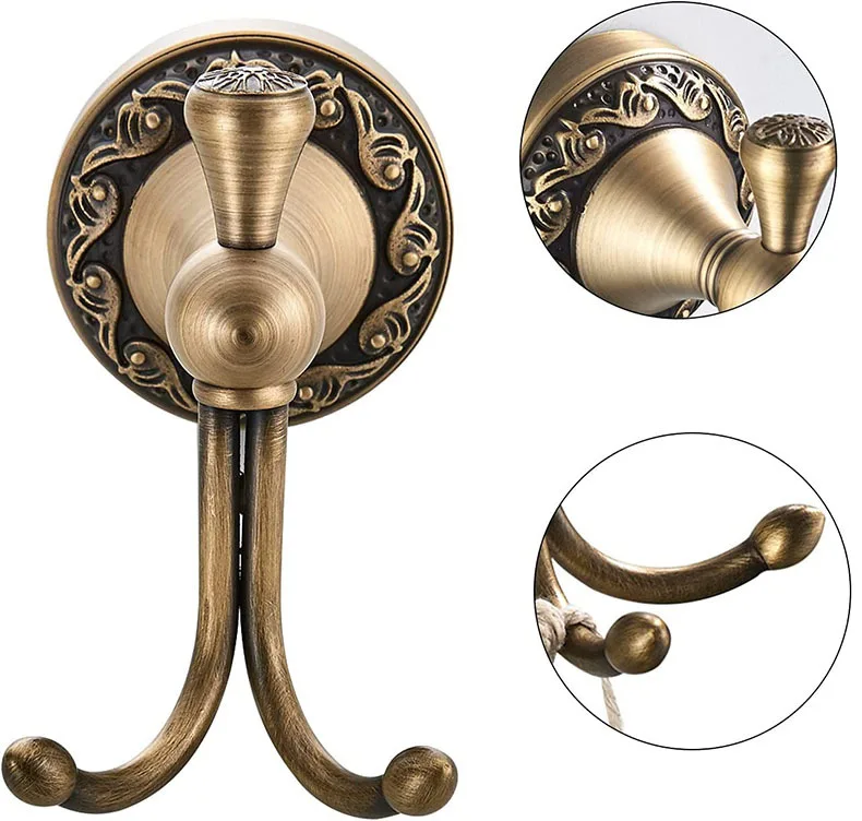 Bathroom Towel holder, Wall Mounted Round Antique Brass Towel Ring Antique Hooks Double Hooks Bathroom Accessories