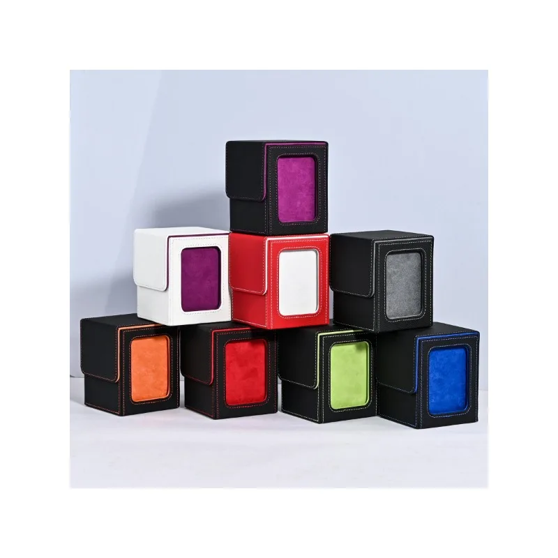 Premium PU Leather Trading Card Deck Box with Display Window - Denim Finish, Holds 120+ Sleeved Cards