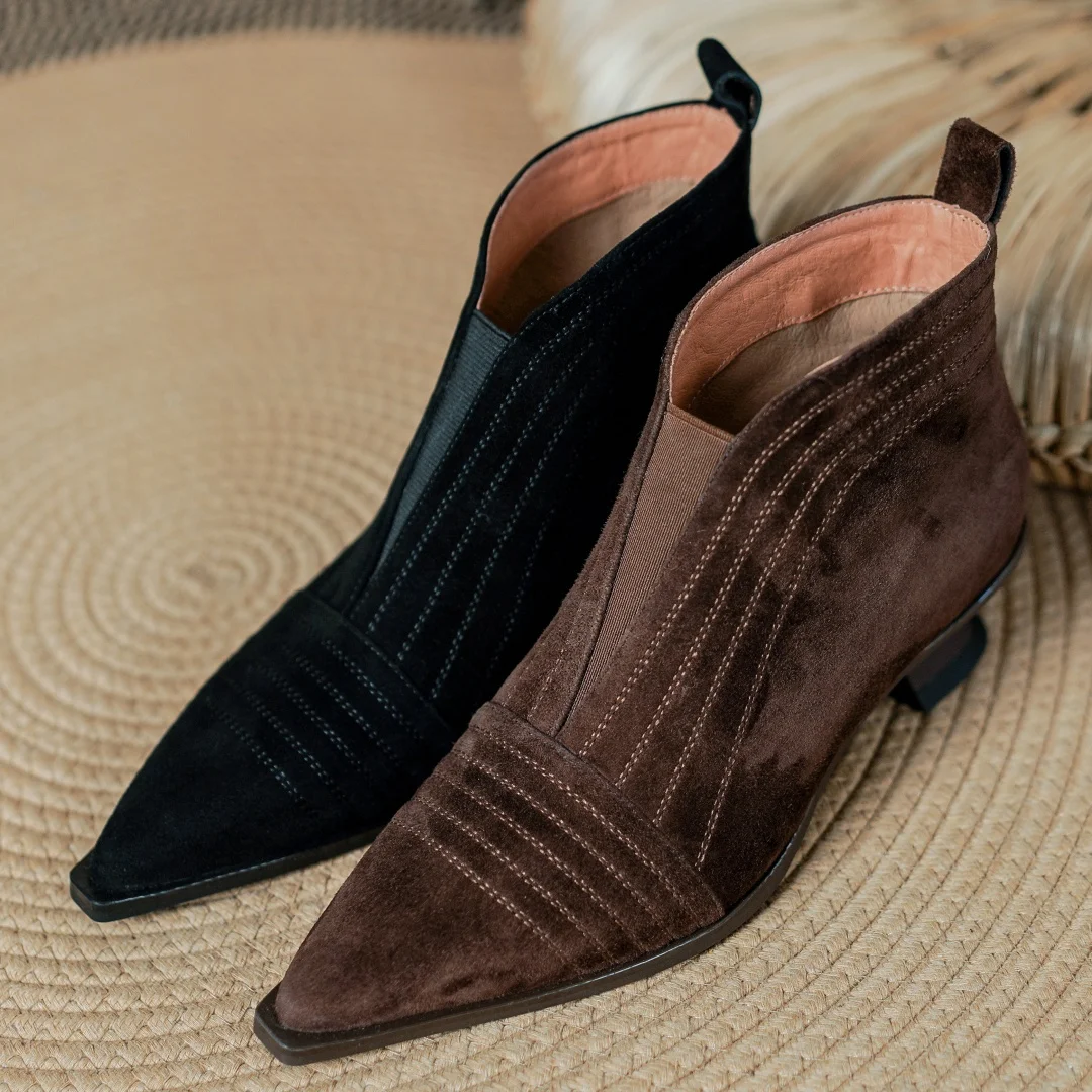 

Women's natural suede leather kitten heel pointed toe slip-on autumn ankle boots elegant ladies high quality short booties shoes