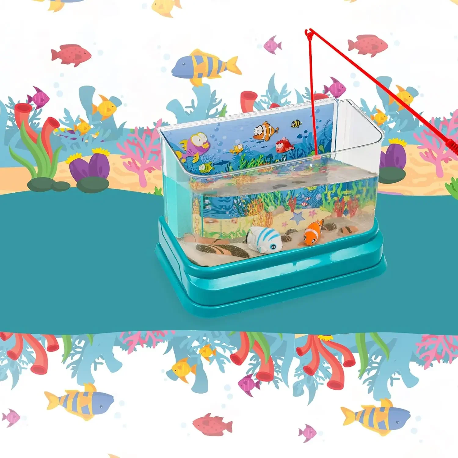 Mini Aquarium for Kids Fishing Toys Artificial Fish Tank with Moving Fish*2 with USB Light and Music Fishing Rod Spoon fishing toys