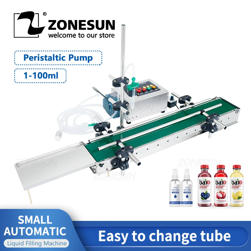 ZONESUN Liquid Filling Machine Line Smart Small Automatic Peristaltic Pump Eyewash Perfume Sample Fluid With Conveyor Belt