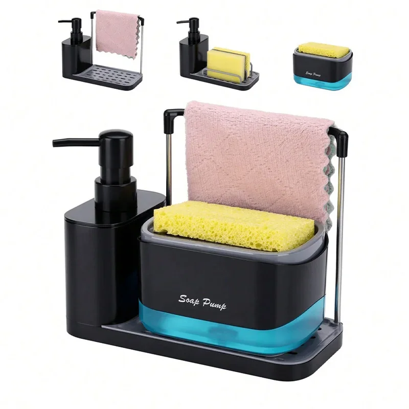 Multi-Functional Kitchen Soap Dispenser Hand Dish Soap Dispenser with Dual Dispensers Sponge and Dishcloth Holders Tray
