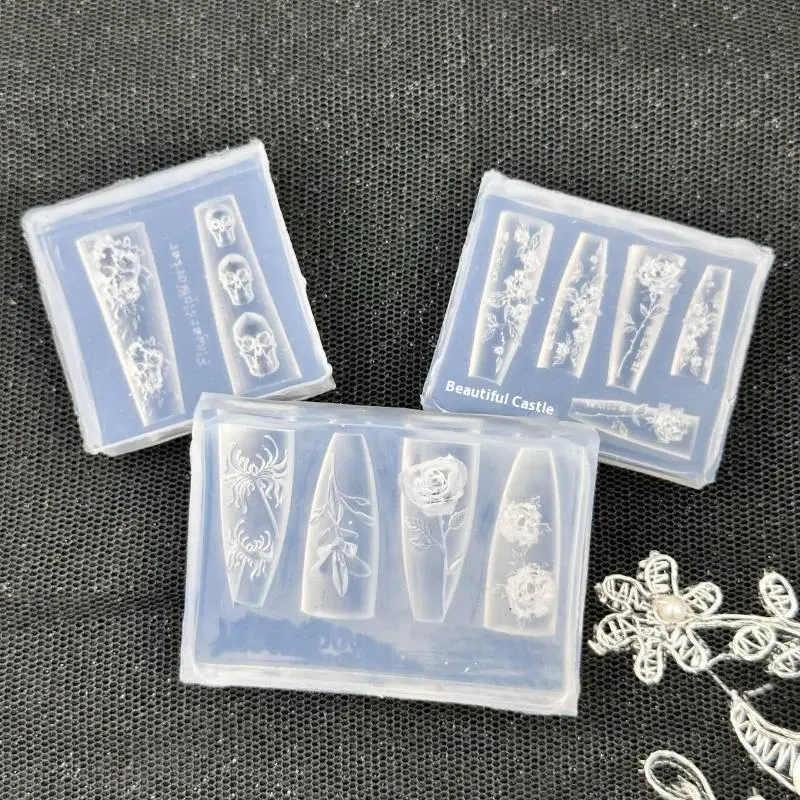 **1pc 로즈 스컬 3D 실리콘 네일 아트 몰드 꽃 꽃무늬 DIY 투명 템플릿 네일 아트 장식 매니큐어 디자인 도구