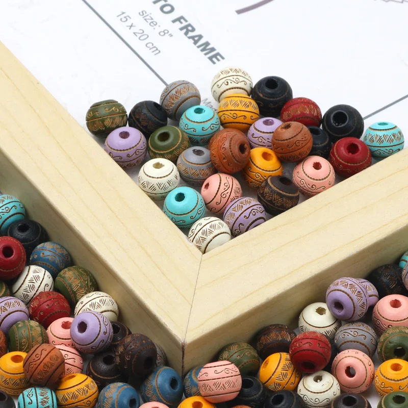 10Pcs 10mm 새겨진 꽃 나무 구슬 여러 가지 빛깔의 라운드 나무 느슨한 구슬 보석 만들기 Diy 의류 봉제 장식 바느질