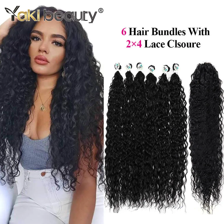 Synthetic Kinky Curly Hair Bundles 6PCS With 1 PC Lace Closure 28/30/32inch synthetic hair extensions