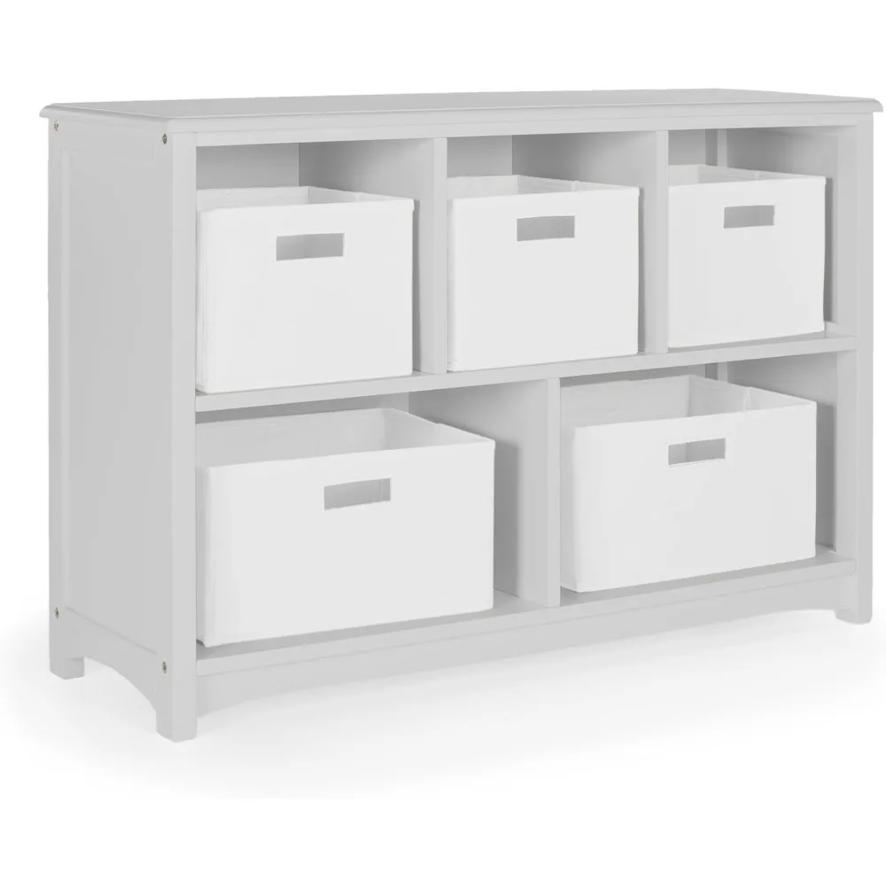Classic Kids Bookshelf-Gray: Wooden 5-Compartment Storage Shelving Unit for Toys, Books, Paper, TV, and Bins-Children's