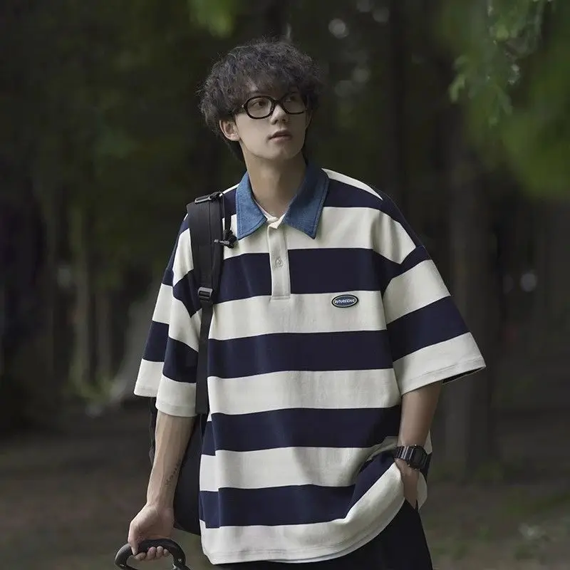

Japanese City Boy striped short sleeved T-shirt men's summer loose American retro t shirt collar contrast color Polo shirts y2k