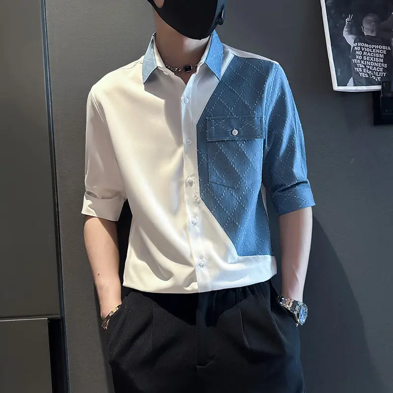 High End Fashion Panelled Half Sleeve Shirt Men's Lapel Button Pocket Summer Fashion Trend Patchwork Versatile Short Sleeved Top