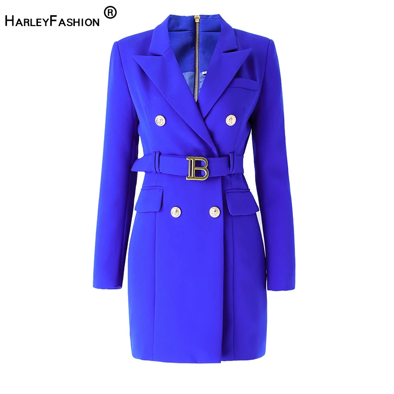 

New Color Royal Blue Women Belt Blazer Dress Quality Solid Tie Blazers Elegant Style Office Lady Dresses