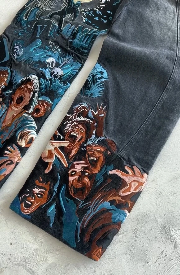 Thriller Zombie Full Embroidery Hip Hop Punk Jeans Men Women High