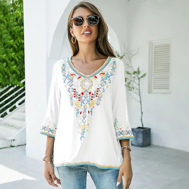 Le con bordado Floral para mujer, camisa estilo Hippie, Vintage, Chic, para otoño, 2xl, 3xl - AliExpress Ropa de
