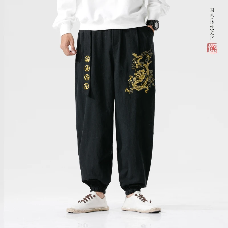 

Men Zen Tea Pants Chinese Style Embroidery Dragon Kung Fu Pants Vietmam Fashion Japanese Sports Casual Trousers Dance Streetwear