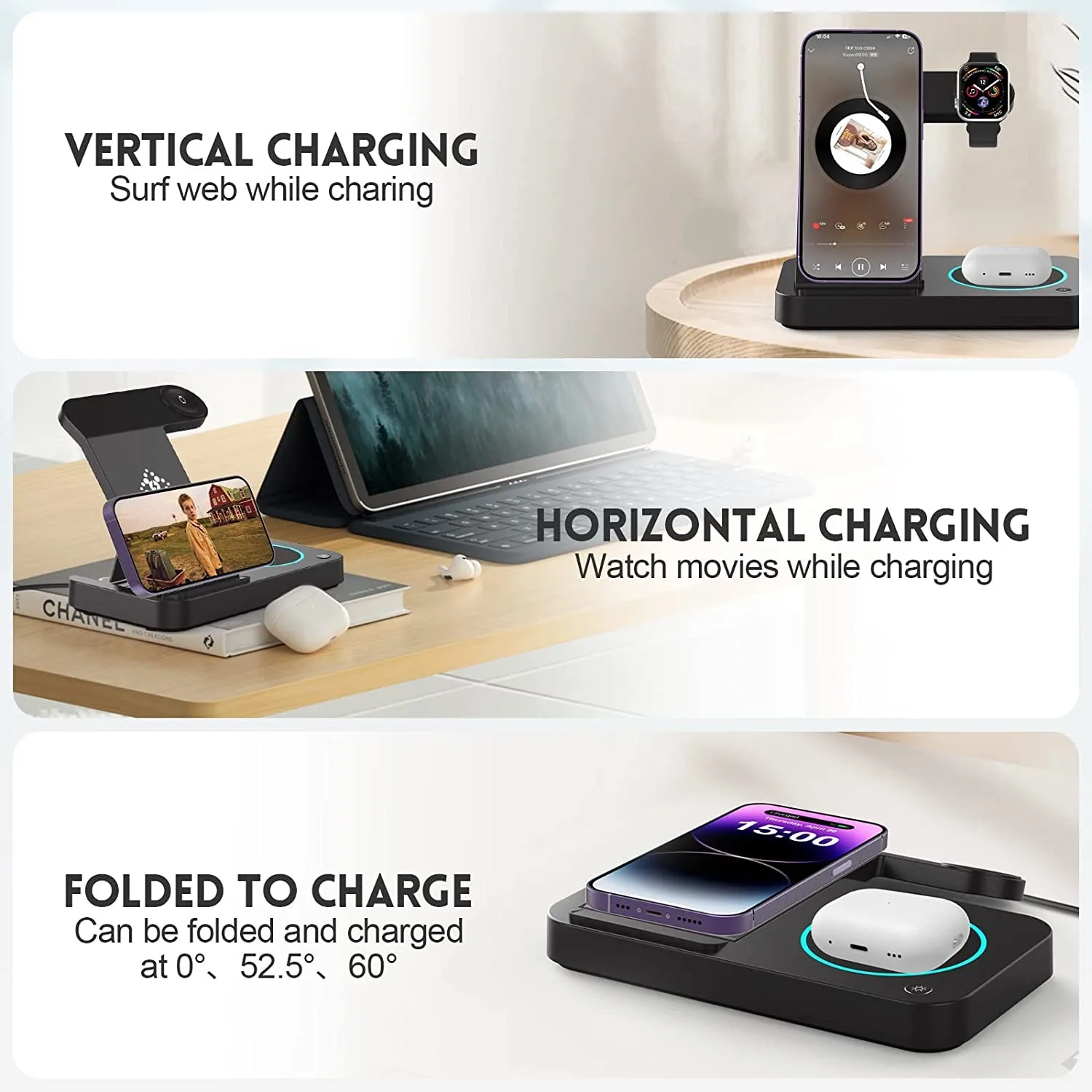 15W 3 In 1 Fast Wireless Charger Stand For iPhone 14 13 12 11 X 8 Apple Watch Foldable Charging Dock Station for Airpods IWatch