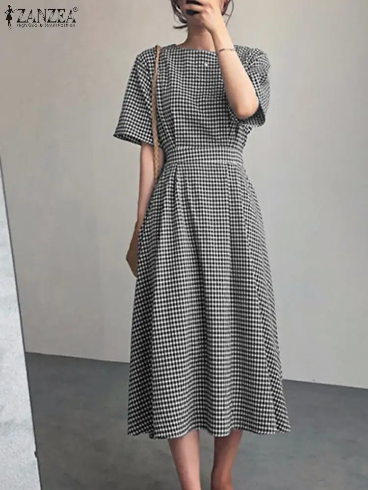 

2023 ZANZEA Fashion Grid Printed Sundress Summer Woman Casual Beach Robe Elegant Loose Dresses A Line Half Sleeve O-Neck Dress