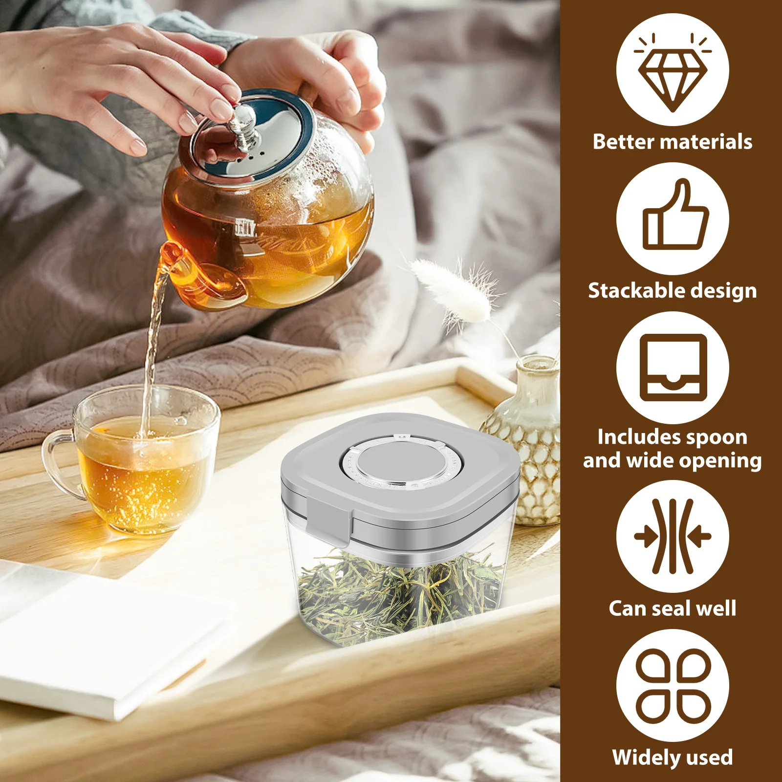 2Pcs Food Storage Jar ABS Airtight Coffee Canister with Scoop Stackable Coffee Bean Storage Container for Tea Sugar Flour Cereal