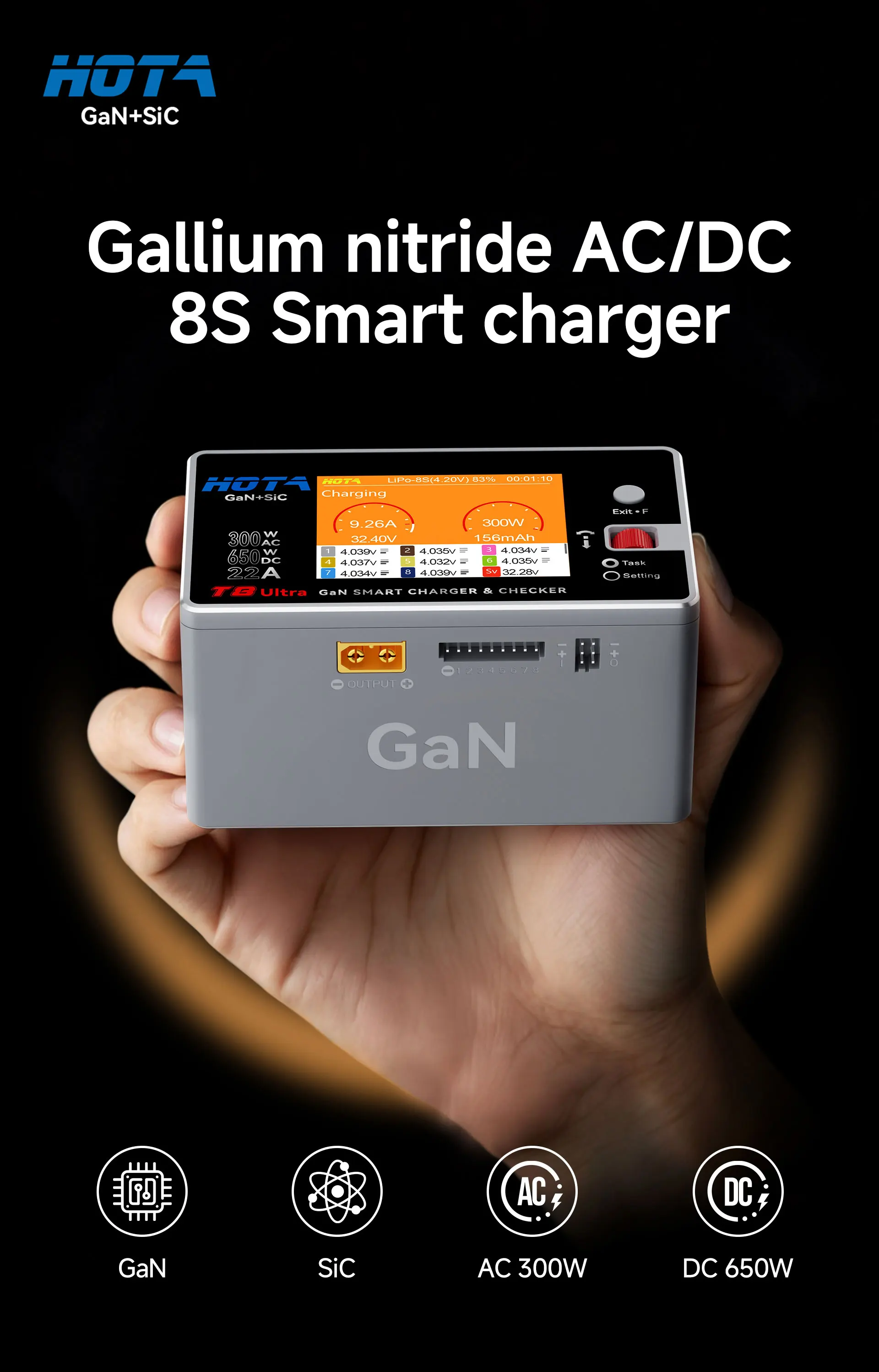 HOTA T8 Ultra GaN Smart Charger, 650W AC/DC for 1-8S LiPo Li-ion Battery Charger 1 S2238ffd6ba1640c19cf17456e562d768R