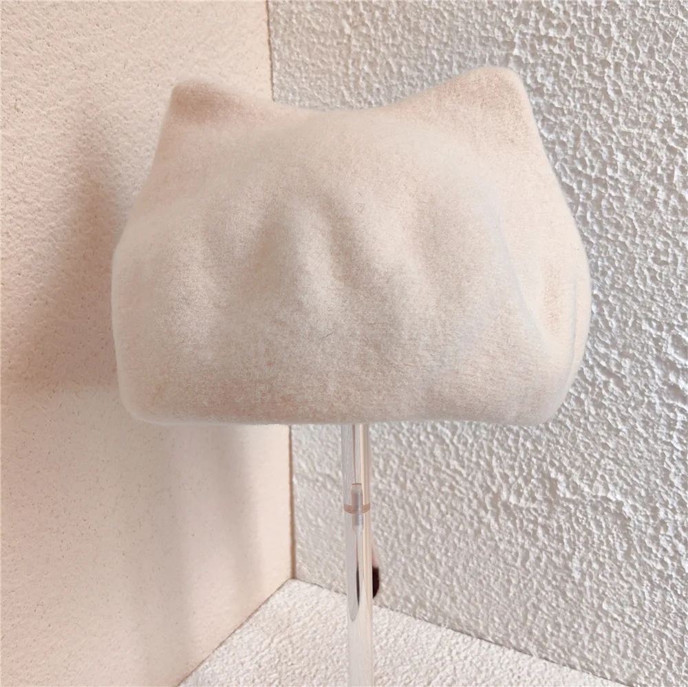 Hot Sale New Fashion Cute Girls Kawaii Cat Ear Sweet Lolita Headwear Purple Beanies Hat Handmade Wool Felt Women Beret Wholesale_voghion.com