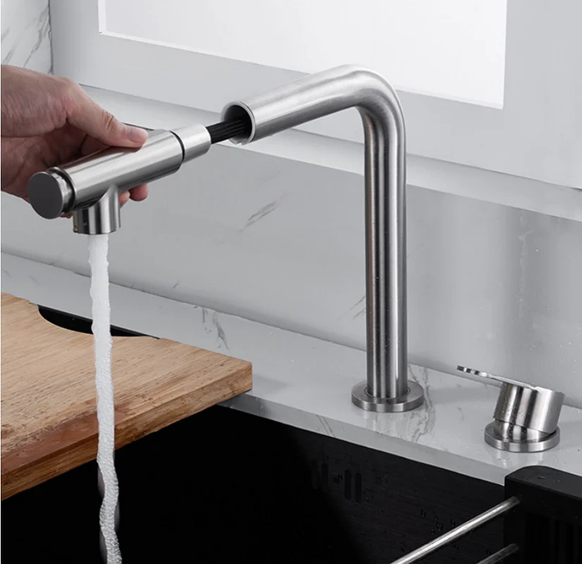 Lifting Hidden Pull Out Kitchen Faucet Stainless Steel 360 Rotation Telescopic Invisible Sink Tap Cold Hot Water Mixer Tap Crane