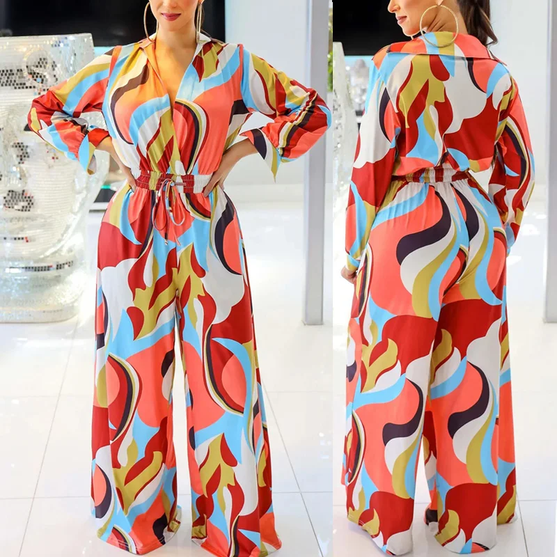 

Women Print Wide Leg Jumpsuits Casual Geometric Patterns Long Sleeve V Neck Slim Waist One Piece Overalls Jumpers