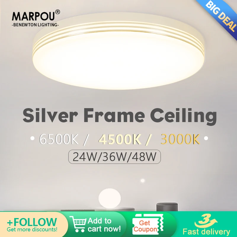 

MARPOU LED Ceiling Lamps Round Silver Frame 48W Natural White Lustre Lighting Ceiling Lights for Bedroom Living Room Decoration
