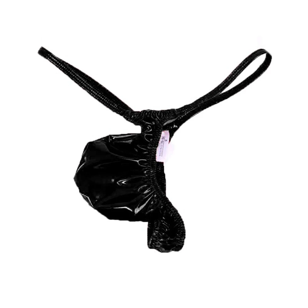 Men Shiny Thong Faux Leather Underwear Low-rise Pouch Bag Sleeve Sexy Thong T-back Panties Lingerie Мужские Стринги mens lace sheer briefs ultra thin low rise t back thong see through g string bikini elastic jj sleeve erotic lingerie sissy pant