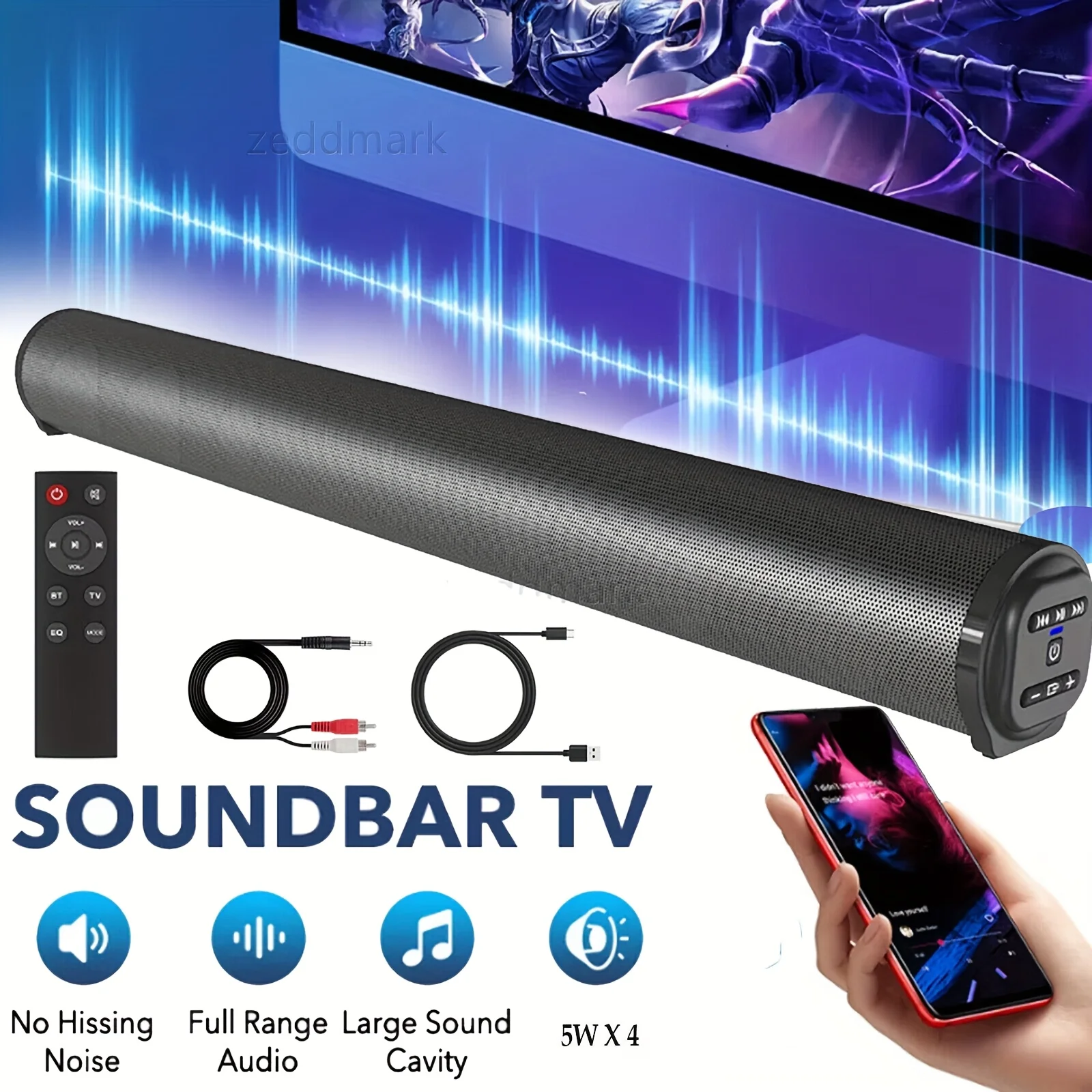 All-in-one Surround Sound Bar Speaker, Home Theater System Soundbar with 4pcs 5W Speakers, Detachable And Adjustable
