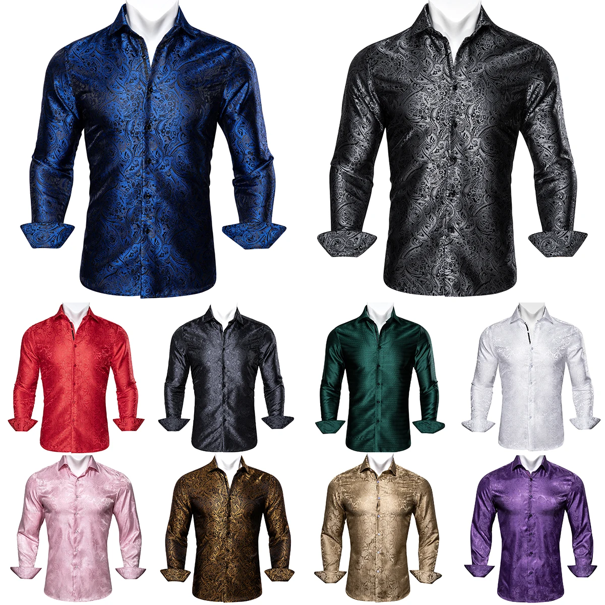 Designer Silk Shirts for Men Blue Black Red Green White Gold Pink Brown Purple Paisley Flower Long Sleeve Spring Slim Tops yo cho boutonnieres silk roses white pink wedding corsages and boutonnieres groom flower boutonnieres marriage prom brooch pins