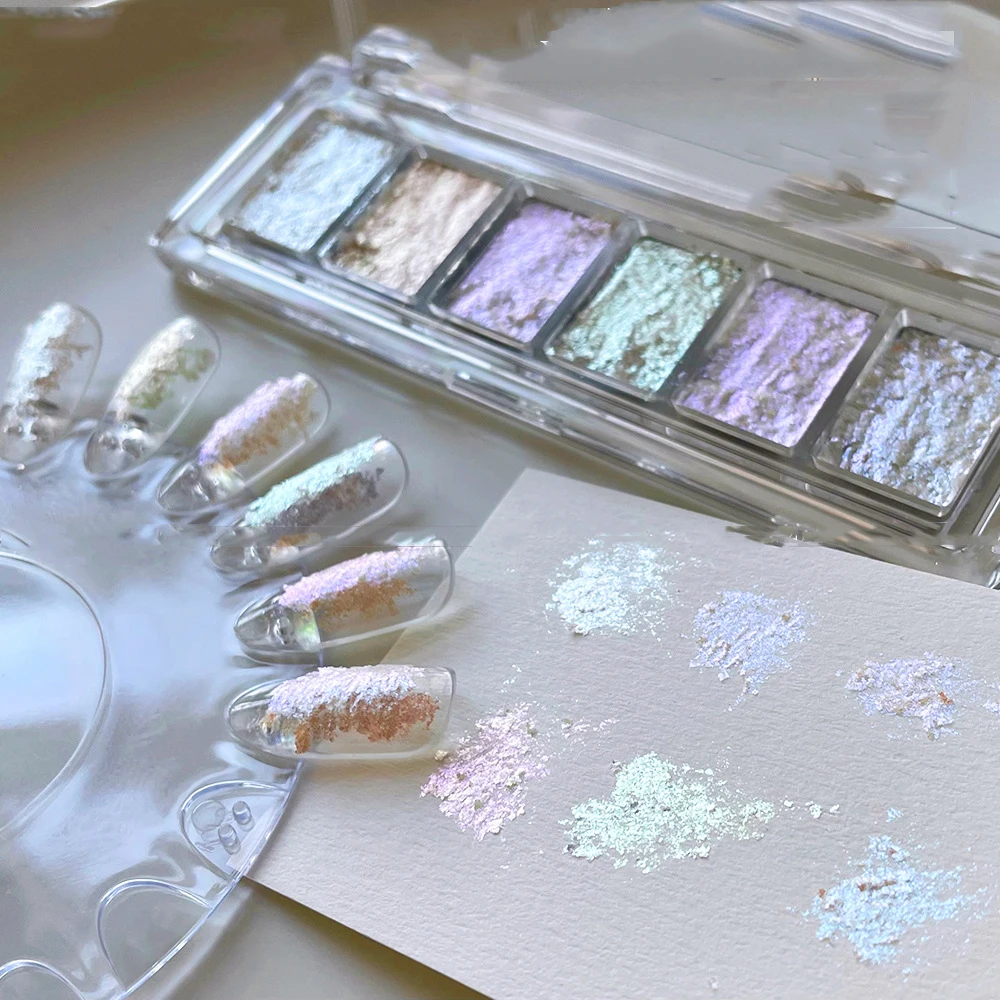 Solid Aurora Powder Palette for Nail Art Shimmering Pigment Opal Chrome Powder High Flash Rubbing Dust Manicure Supplies 6 Grids