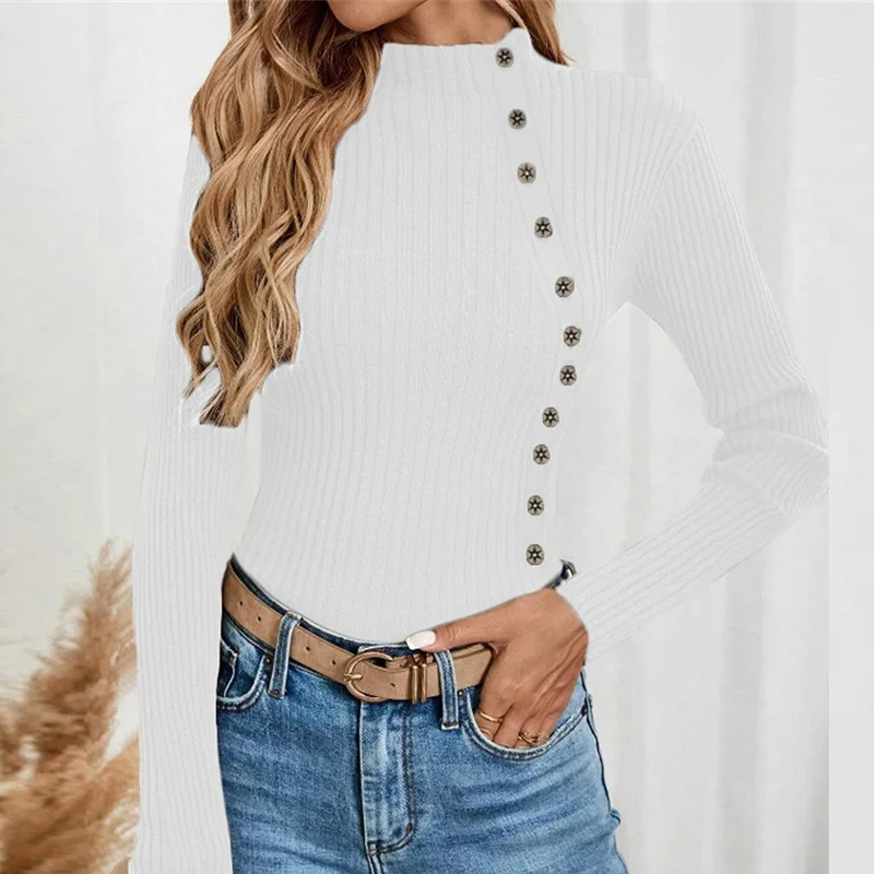 thumbnail image 1 of Suéter de cuello alto para otoño e invierno, elegante, suave, cómodo, elástico, para mujer, camisa de mujer, blusa de manga larga con botones acanalados, 1 of 5