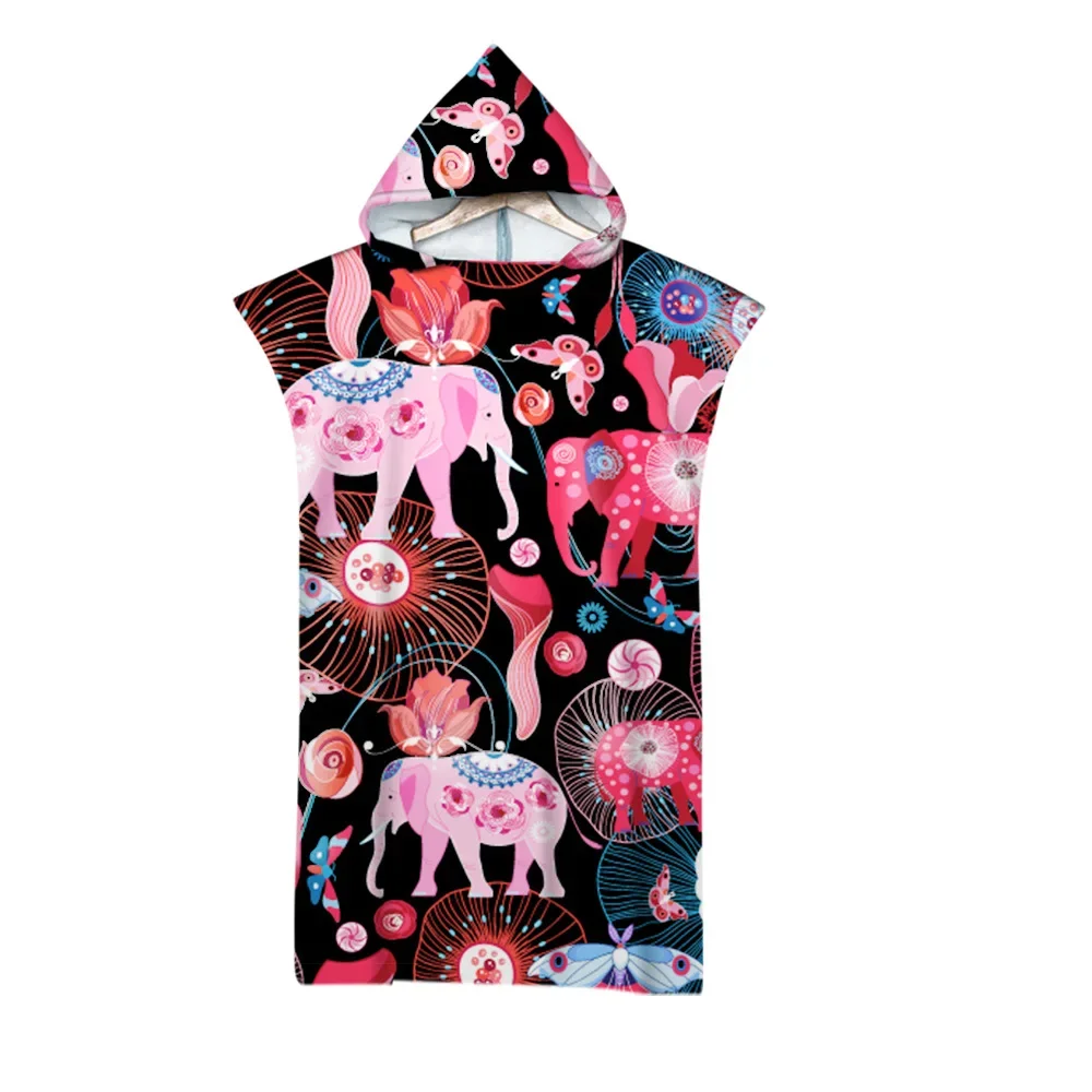 Hooded Bath Towel Robe Poncho Swimming Beach Towel Surf Man Lady Fast Quick Dry Bathrobe Beachwear-Floral Elephant Owl Pattern 2