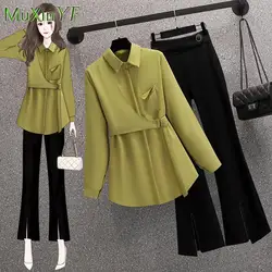 Women's 2022 Autumn New Fashion Shirt Blouse + High Waist Pants Two Piece Korean Elegant Sweatshirt Trousers Suit Female Clothes