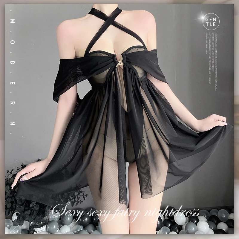 

Women Halter Backups Nightown Sexy Lace Transparent Suspenders Nightdress Open Chest Loose Soft Pajamas Black White Nightwear