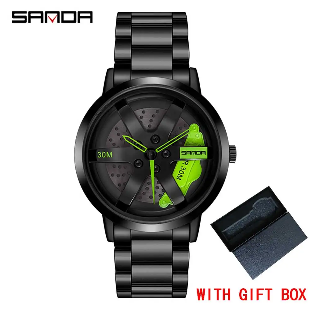 Herenhorloge van roestvrij staal, met draaibaar autovelgennaafdesign, sporthorloge, 3D-hollewieldesign voor mannen en jongeren, blauw, armband