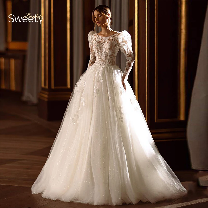 

Luxury A-Line Floor Length Wedding Dress Organza With Embroidery Lace Ball Gown O-Neck Puff Sleeves Bride Dress Back Button