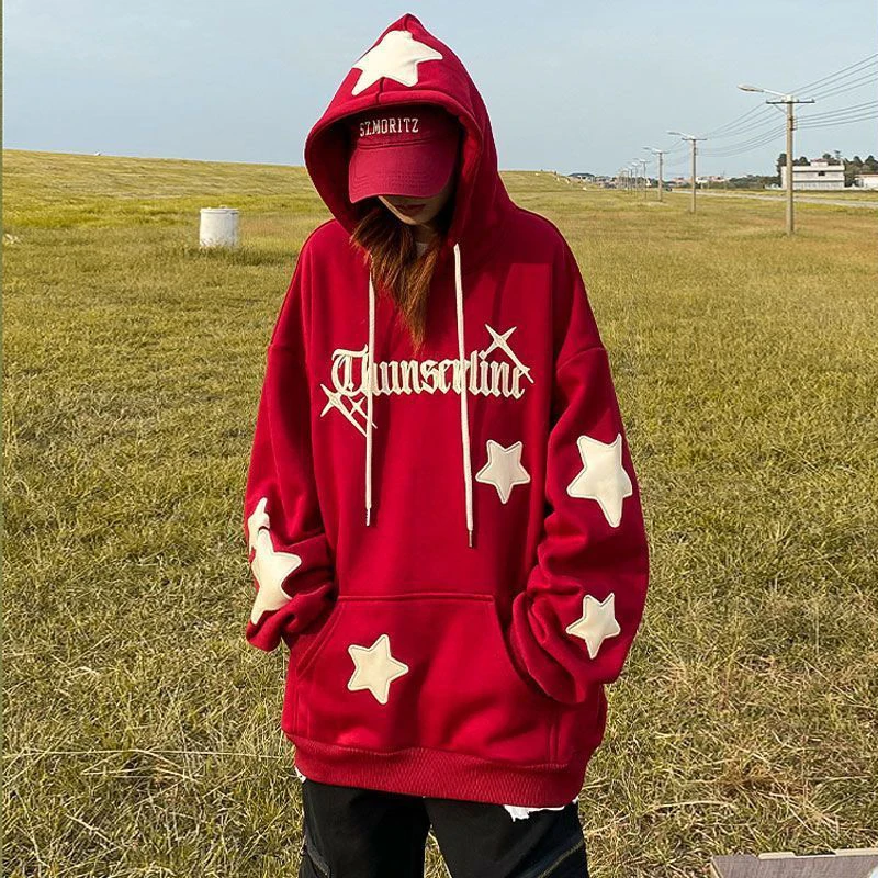 

Womens Clothing Red Vintage Street Sweatshirt Hoodie Star Patches Long Sleeves Casual Warm Oversize Baggy Ladies Tops Autumn