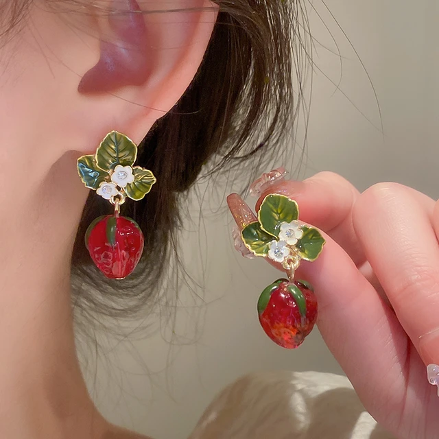 White Flower Green Leaf Red Strawberry Design Enamel Dangle