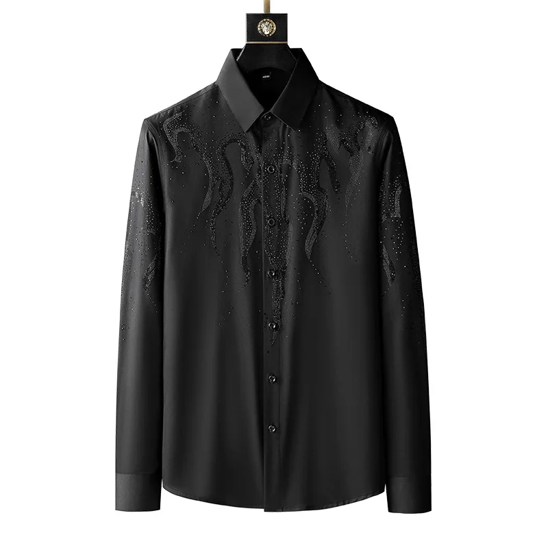 

Autumn Luxury Men Long Sleeve Shirts For Man Turn Down Fashion Casual Black Print Tops