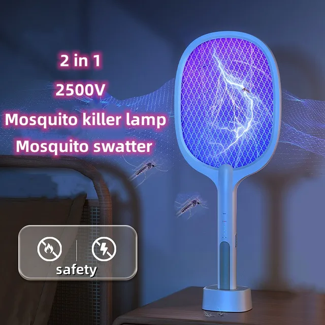 2 Az 1 -Ből Szúnyoggyilkos Lámpák Usb Töltés Szúnyog Swatter Légy Zapper Uv Lámpa Bázissal 2500V Erős Elektromos Legyek Csapda Ütő - Image 2
