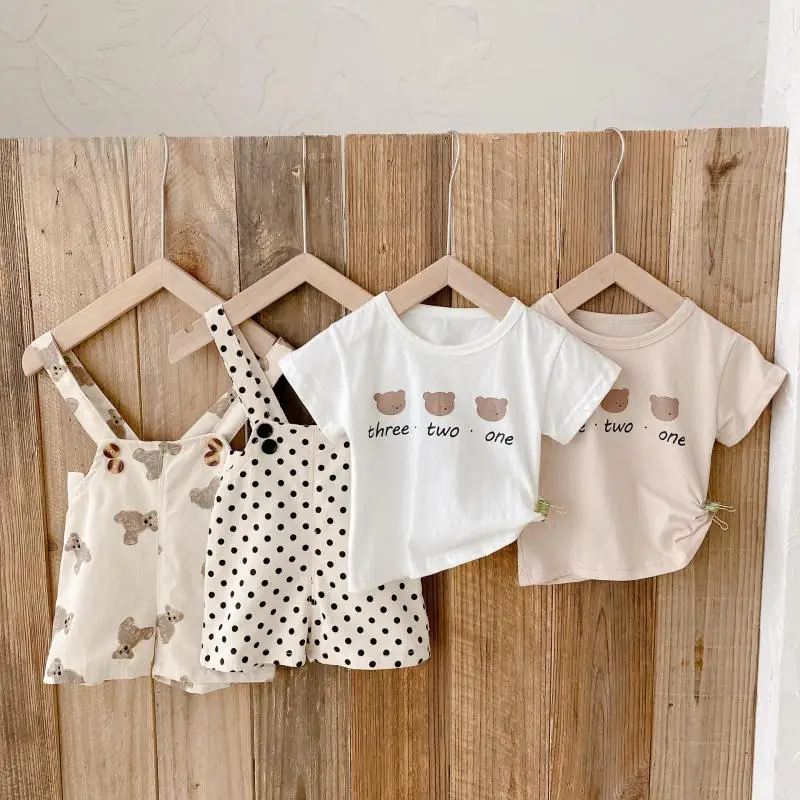 Kid Fashion Dot Overalls Girl Cute Cartoon Bear Short Sleeves Tees Toddler Simple Solid T-shirt Boy Cotton Sling Shorts Baby Clothing Set near me